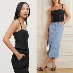 NWT HOUSE HARLOW 90s Linen Square Neck Ruched Strap Open Back Crop Camisole Tank